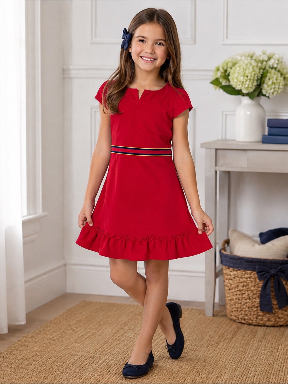 Classic Janie and Jack Girls Size 8 Red Ruffle Hem Ponte Dress Striped Waist